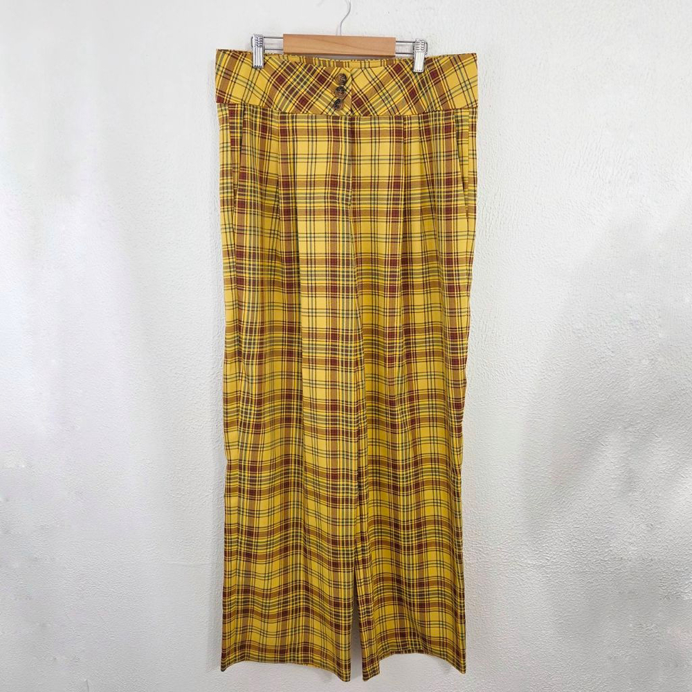 Anthropologie Plaid Wide Leg Pants Marygold Gold Tartan yellow women's large L - Picture 3 of 7